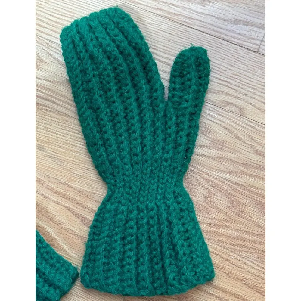 Vintage Green Mittens, Dark Green Knit Crochet Mitts, 60s 70s, Grandma Style
